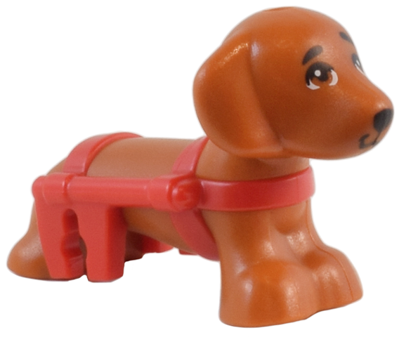 Dark Orange Dog, Friends Style, Dachshund with Molded Red Wheelchair Harness and Printed Eyes and Black Nose Pattern (Pickle)