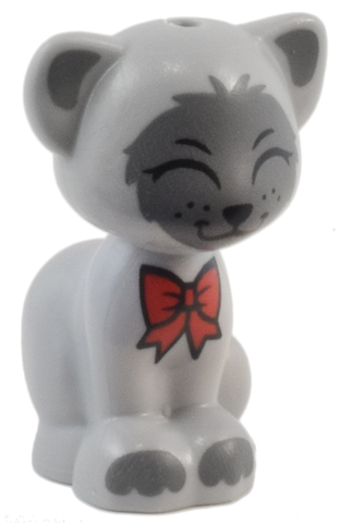 Light Bluish Gray Cat, Friends Style, Sitting with Red Bow, Black Nose and Closed Eyes, Dark Bluish Gray Inner Ears, Patches and Paws Pattern (Gertrude)