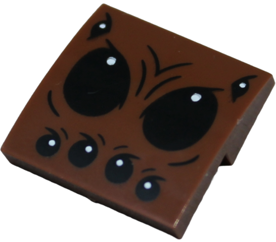 Reddish Brown Slope, Curved 2 x 2 x 2/3 with Black Spider Eyes and White Pupils Pattern