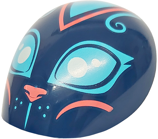 Dark Blue Large Figure Armor, Round, Smooth with Medium Azure Eyes, Curls, Whisker Dots, and Forehead Triangle, Coral Nose and Cheek Lines Pattern (Cat Head)