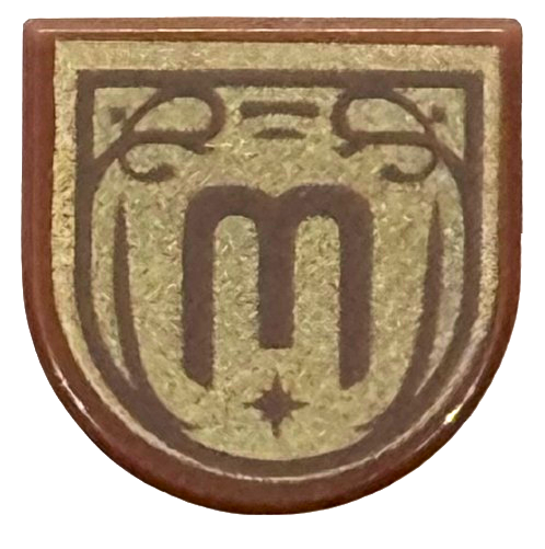 Reddish Brown Tile, Round 1 x 1 Half Circle Extended with Dark Brown Letter E / M / W in Ornate Frame on Gold Background Pattern