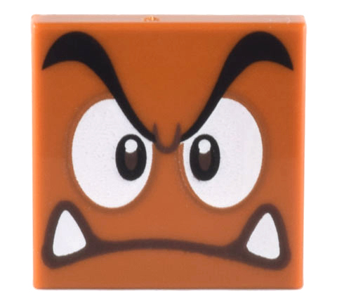 Dark Orange Tile 2 x 2 with Black Eyebrows, Dark Brown and White Eyes Looking Straight, Angry Frown with Bottom Fangs Pattern (Super Mario Goomba Face)