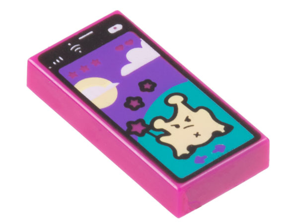 Magenta Tile 1 x 2 with Cell Phone / Smartphone with Game with Bright Light Yellow Alien on Dark Turquoise Hill, Sun, Clouds, and Dark Purple Sky Pattern