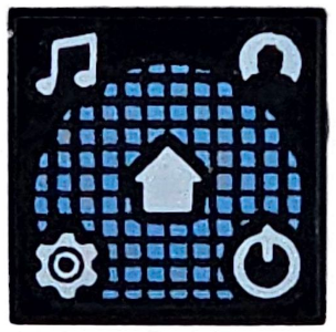 Black Tile 1 x 1 with White Music Notes, Minifigure Profile, Gear, Power Icon, and Home Button on Medium Blue Grid Pattern