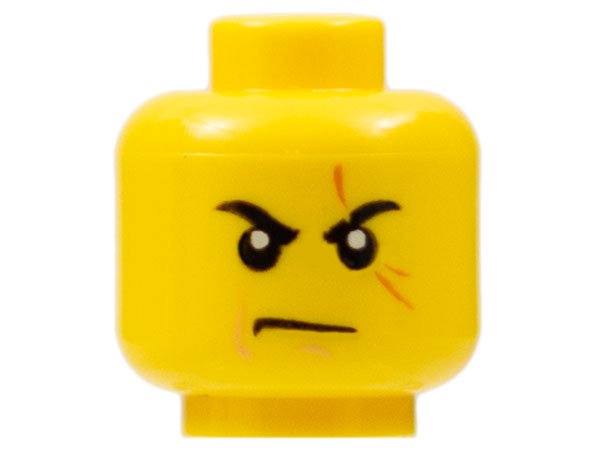 Yellow Minifigure, Head Black Eyebrows, Dark Orange Scar Across Left Eye, Nougat Cheek Line and Chin Dimple, Scowl Pattern