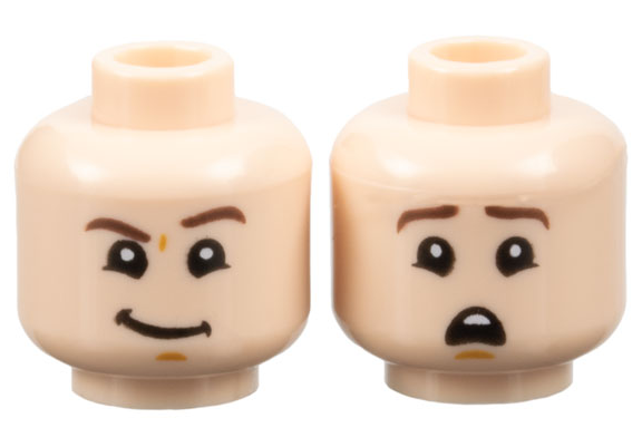 Light Nougat Minifigure, Head Dual Sided Dark Brown Eyebrows, Medium Nougat Chin Dimple, Lopsided Grin with Raised Left Eyebrow / Scared Open Mouth with Top Teeth Pattern