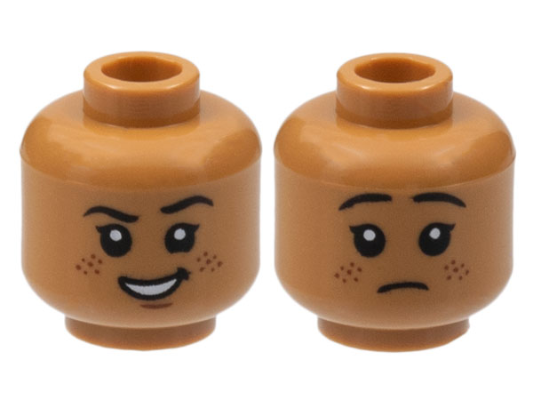 Medium Nougat Minifigure, Head Dual Sided Child, Black Eyebrows and Eyes with White Pupils, Smirk with Open Mouth Smile, Reddish Brown Freckles / Sad Pattern