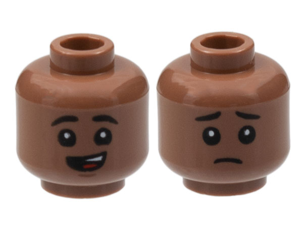 Medium Brown Minifigure, Head Dual Sided Child Black Eyebrows, Lopsided Open Mouth Smile with Top Teeth and Red Tongue / Sad Pattern
