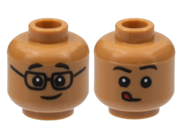 Medium Nougat Minifigure, Head Dual Sided Child Black Eyebrows, Glasses and Grin / Closed Mouth with Red Tongue Licking Pattern