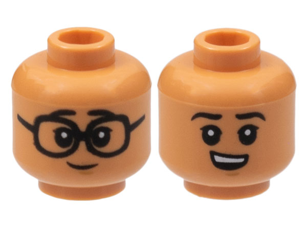 Nougat Minifigure, Head Dual Sided Child, Black Eyebrows and Eyes with White Pupils, Glasses / Smirk with Teeth Pattern