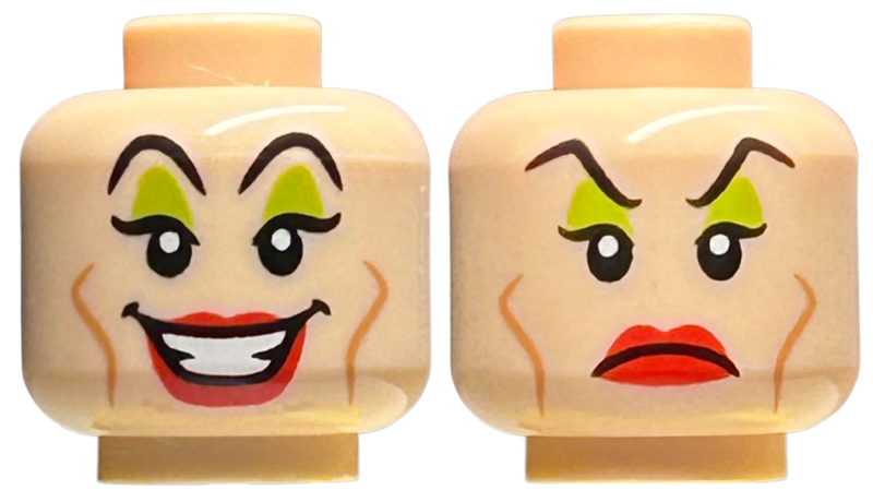 Light Nougat Minifigure, Head Dual Sided Female Black Eyebrows, Lime Eye Shadow, Medium Nougat Cheek Lines, Red Lips, Open Mouth Smile / Frown Pattern