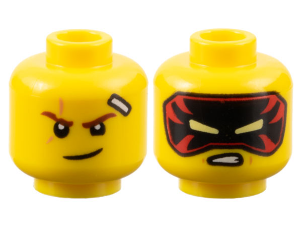 Yellow Minifigure, Head Dual Sided Reddish Brown Eyebrows, Nougat Scar, White Bandage, Lopsided Grin / Black and Red Mask with Bright Light Yellow Eye Holes, Open Mouth Scowl with Teeth Pattern