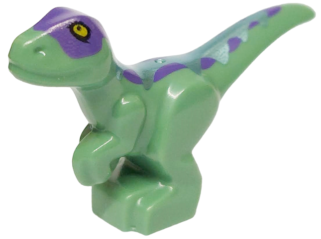 Sand Green Dinosaur Baby Standing with Dark Purple Back, Metallic Light Blue Stripes, and Yellow Eyes Pattern