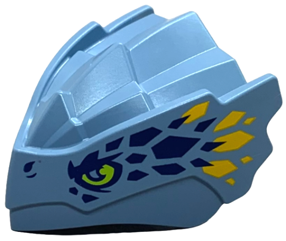 Sand Blue Dragon Head (Ninjago) with Stepped Top and Pin Hole on Back with Lime Eyes, Dark Blue and Bright Light Orange Scales Pattern
