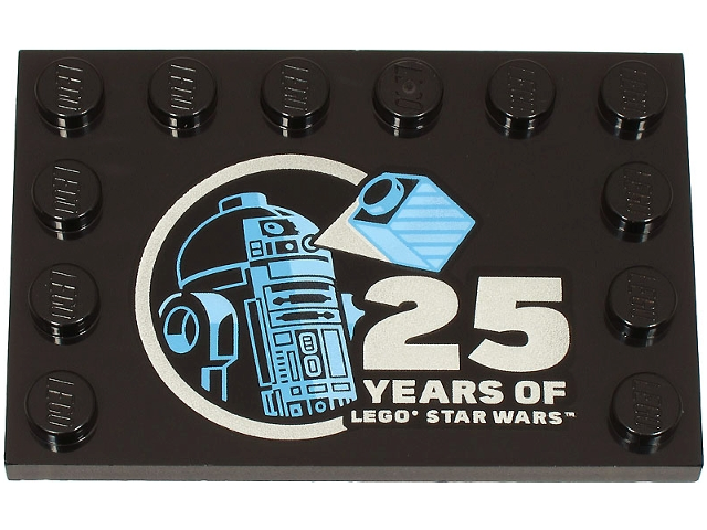 Black Tile, Modified 4 x 6 with Studs on Edges with Bright Light Blue and Medium Blue R2-D2 Minifigure and Silver '25 YEARS OF LEGO STAR WARS' Pattern