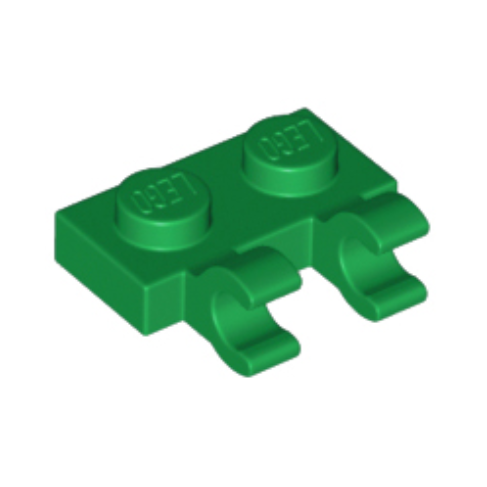 Green Plate, Modified 1 x 2 with 2 Open O Clips (Horizontal Grip)
