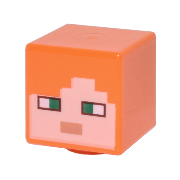 Orange Minifigure, Head, Modified Cube with Pixelated Light Nougat Face, Green Eyes, and Nougat Mouth Pattern (Minecraft Alex)