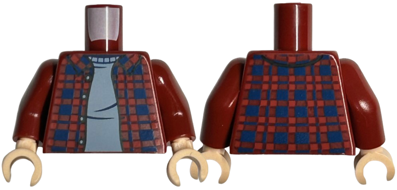Dark Red Torso Plaid Flannel Shirt Open with Buttons and Dark Blue Squares over Sand Blue Sweater Pattern / Dark Red Arms / Light Nougat Hands