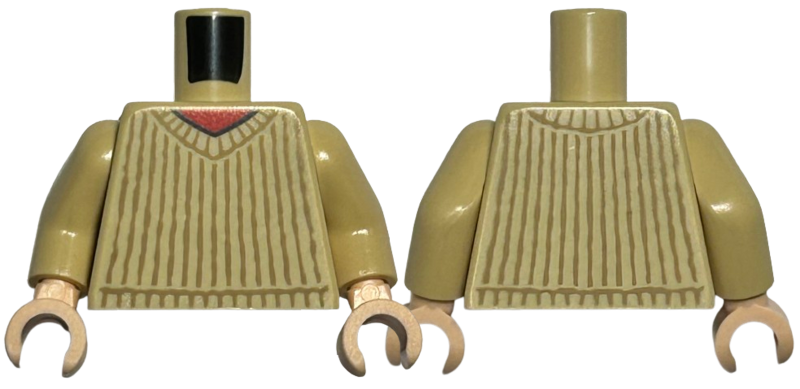 Tan Torso V-Neck Sweater with Dark Tan Vertical Stripes over Red Shirt Pattern / Tan Arms / Light Nougat Hands