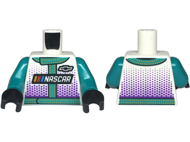 White Torso Racing Suit with 'NASCAR' and Black Chevrolet Logo, Dark Turquoise Trim with Bright Light Orange Stitching and Dark Purple Dots Pattern / Dark Turquoise Arms / Black Hands