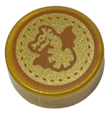 Pearl Gold Tile, Round 1 x 1 with Dark Orange Dragon and Dotted Circle on Gold Background Pattern (HP Unum Galleon)