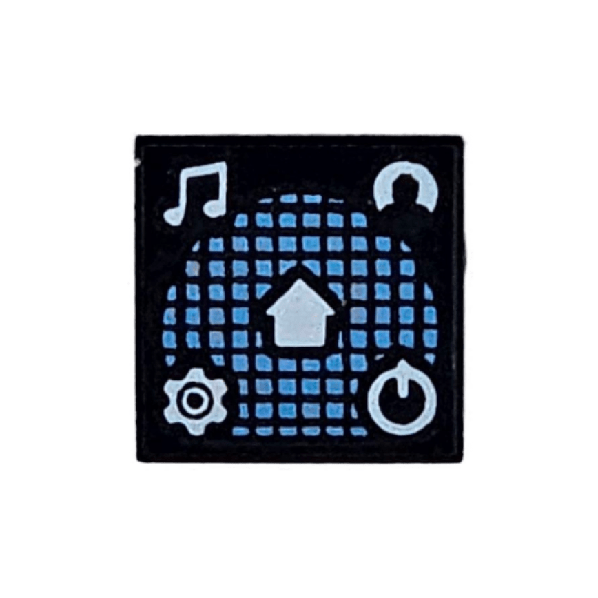 Black Tile 1 x 1 with White Music Notes, Minifigure Profile, Gear, Power Icon, and Home Button on Medium Blue Grid Pattern