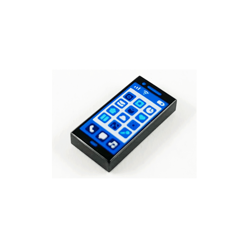 Black Tile 1 x 2 with Blue and White Cell Phone / Smartphone Screen and App Icons Pattern