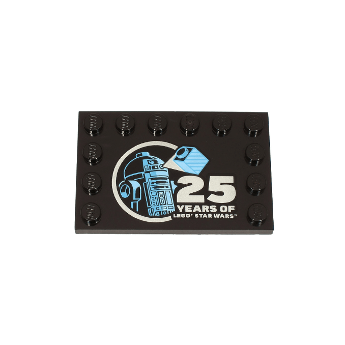 Black Tile, Modified 4 x 6 with Studs on Edges with Bright Light Blue and Medium Blue R2-D2 Minifigure and Silver '25 YEARS OF LEGO STAR WARS' Pattern