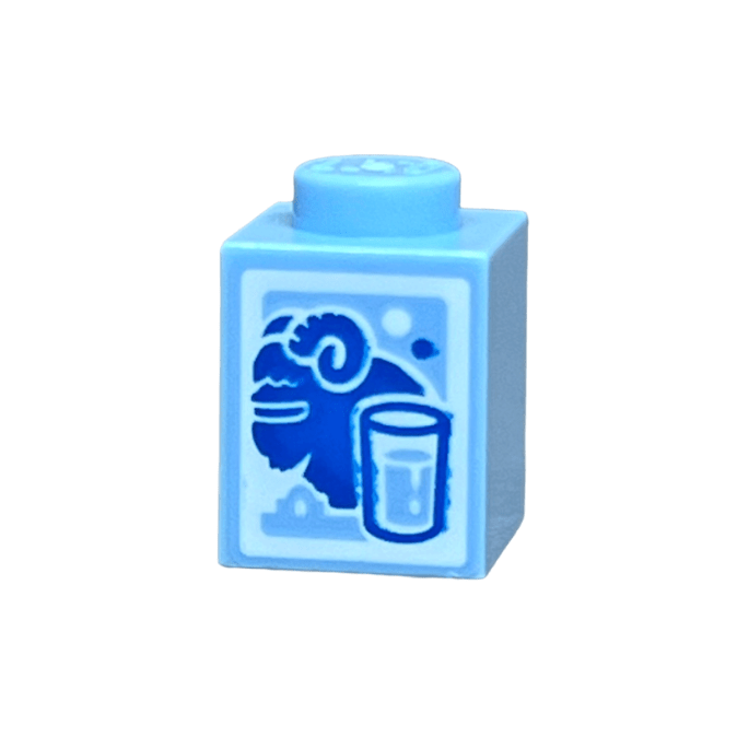 Bright Light Blue Brick 1 x 1 with Blue SW Bantha and Glass Outline on White Background Pattern Milk Carton