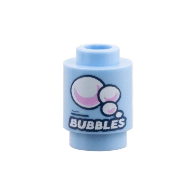 Bright Light Blue Brick, Round 1 x 1 with White 'BUBBLES' and Bright Pink Reflections Pattern