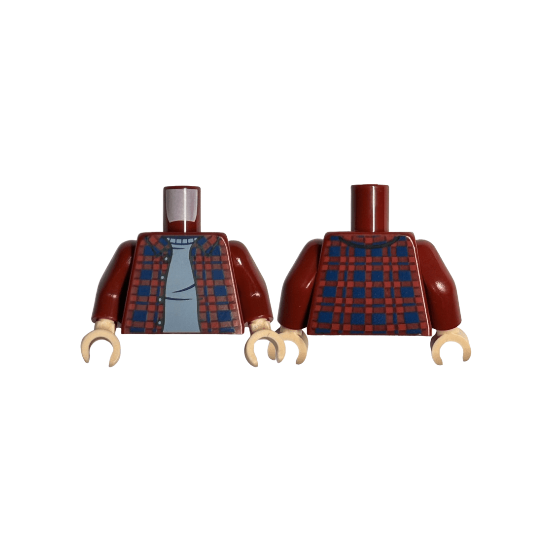 Dark Red Torso Plaid Flannel Shirt Open with Buttons and Dark Blue Squares over Sand Blue Sweater Pattern / Dark Red Arms / Light Nougat Hands