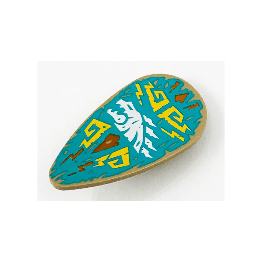 Dark Tan Minifigure, Shield Oval with White Dragon Head and Bright Light Orange Filigree on Dark Turquoise Background Pattern