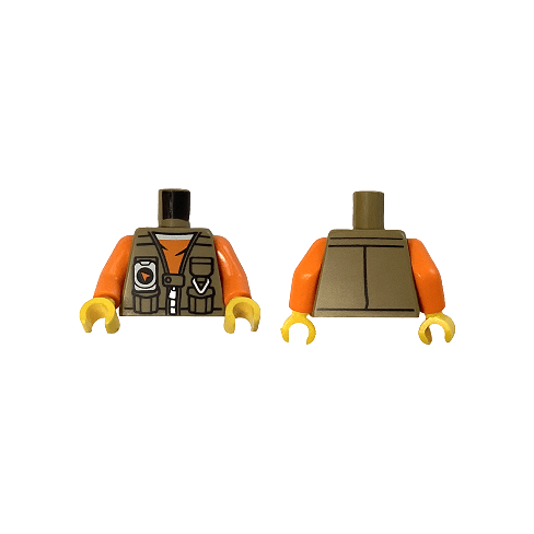 Dark Tan Torso Vest with Pockets, Silver Zipper and GPS with Compass over Orange Shirt with White Collar Pattern / Orange Arms / Yellow Hands