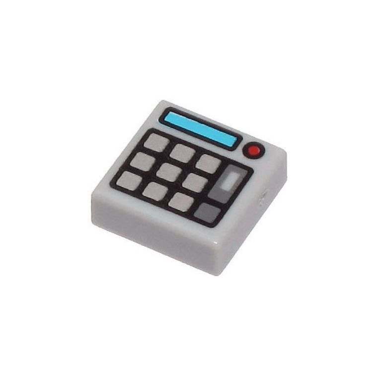 Light Bluish Gray Tile 1 x 1 with Silver Keypad Buttons, Medium Azure Screen and Red Light Calculator Pattern