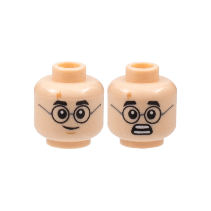 Light Nougat Minifigure, Head Dual Sided Black Thick Eyebrows, Round Glasses with Dark Silver Temples, Nougat Lightning Bolt Scar, Lopsided Grin with Medium Nougat Chin Dimple / Scared Open Mouth with Teeth Parted Pattern