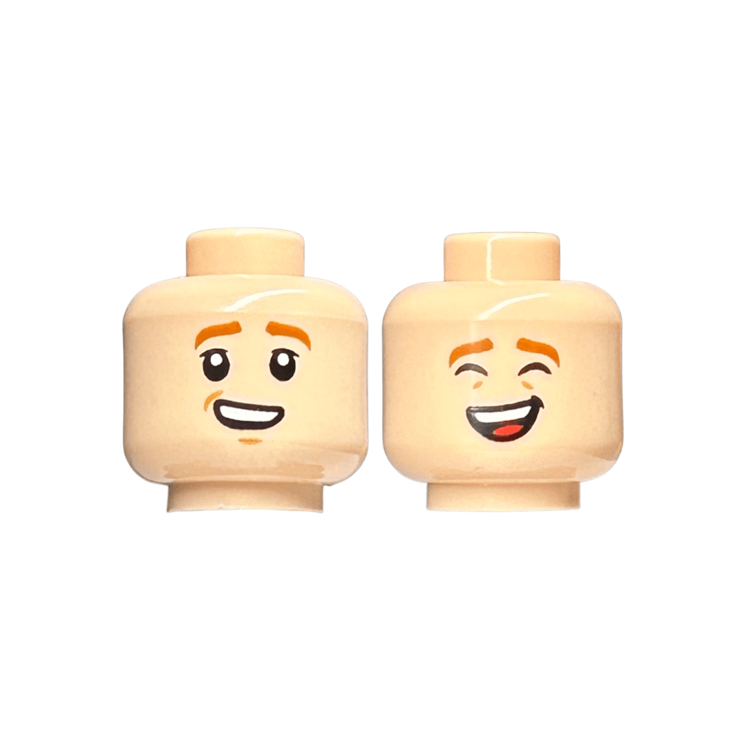 Light Nougat Minifigure, Head Dual Sided Child Dark Orange Eyebrows, Lopsided Smile with Teeth / Laughing with Closed Eyes Pattern