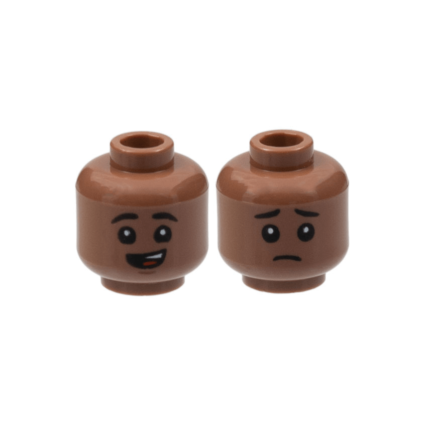 Medium Brown Minifigure, Head Dual Sided Child Black Eyebrows, Lopsided Open Mouth Smile with Top Teeth and Red Tongue / Sad Pattern
