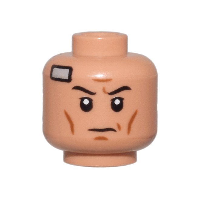 Nougat Minifigure, Head Black Eyebrows, Upper Eyelids, Dark Orange Cheek Lines and Chin Dimple, Furrowed Brow, Light Bluish Gray Inhibitor Chip Bandage, Stern Pattern