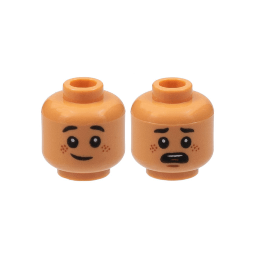 Nougat Minifigure, Head Dual Sided Child, Reddish Brown Freckles, Grin / Scared Open Mouth, Black Eyebrows Rounded Ends Pattern