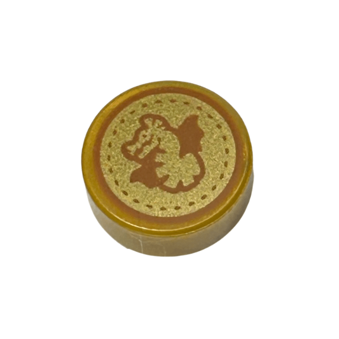 Pearl Gold Tile, Round 1 x 1 with Dark Orange Dragon and Dotted Circle on Gold Background Pattern HP Unum Galleon