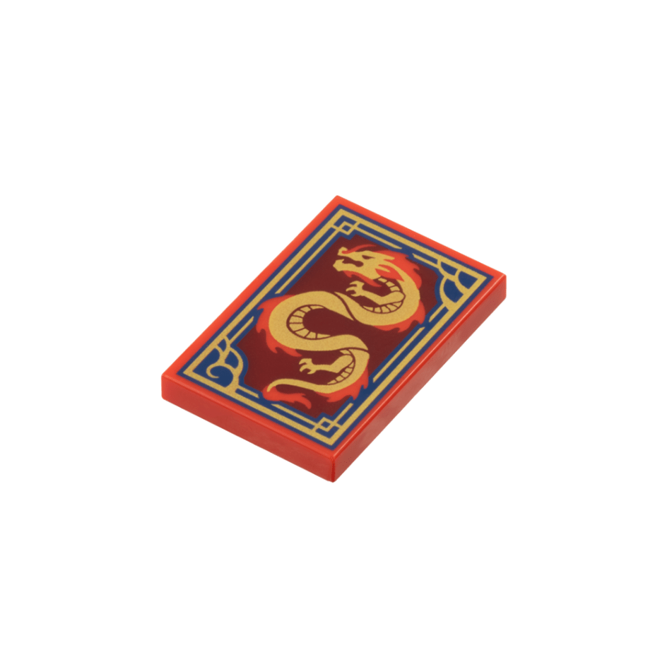 Red Tile 2 x 3 with Dragon on Dark Red Background with Ornate Dark Blue and Gold Border Pattern