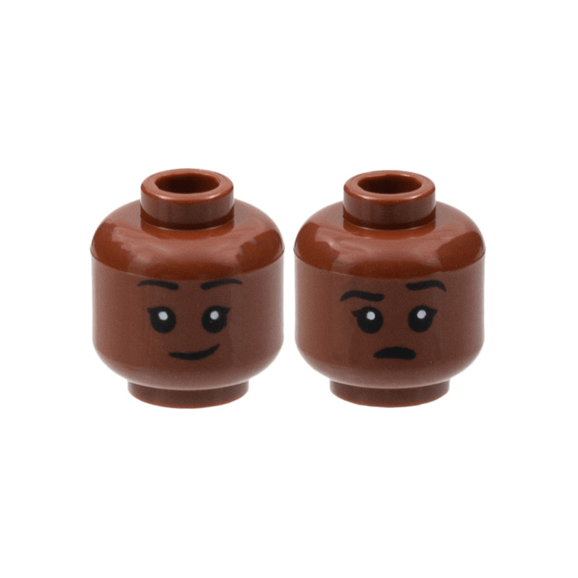 Reddish Brown Minifigure, Head Dual Sided Child Black Eyebrows, Smirk / Open Mouth with Left Eyebrow Raised Pattern
