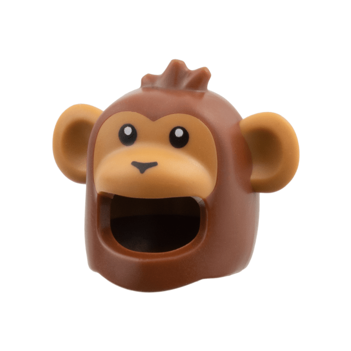 Reddish Brown Minifigure, Headgear Head Cover, Costume Monkey with Molded Medium Nougat Face and Ears, Printed Black Eyes and Nose Pattern