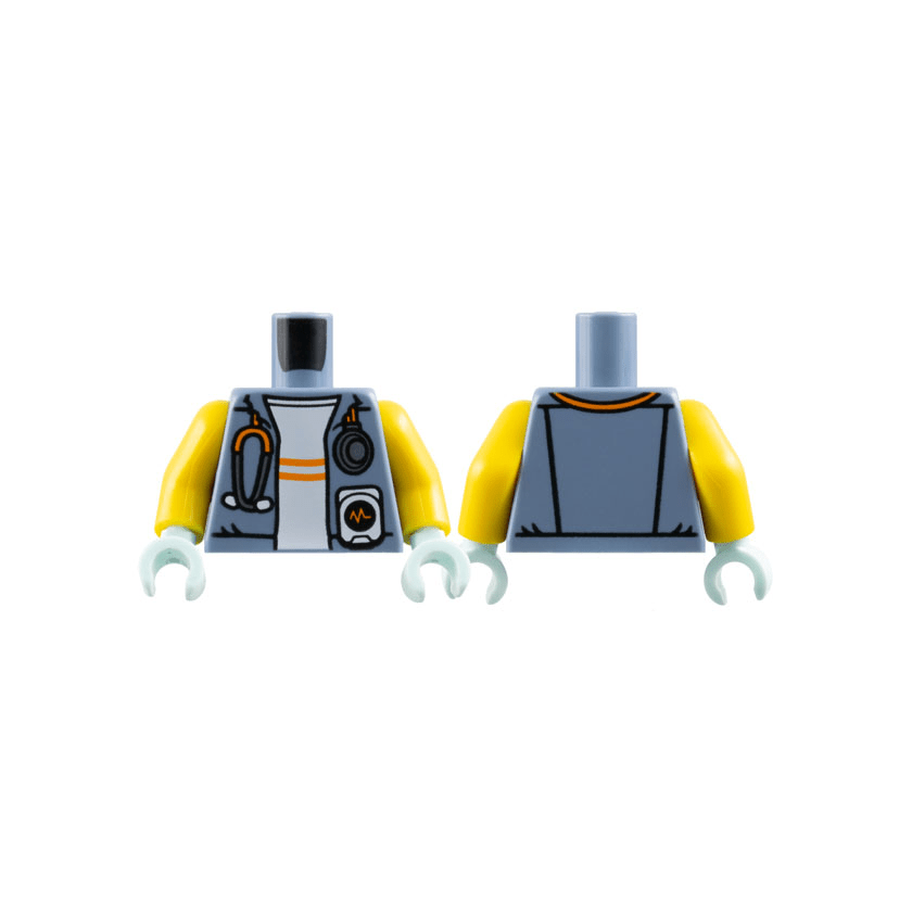 Sand Blue Torso Jacket Open with Silver and Orange Stethoscope over White Shirt with Stripes Pattern / Yellow Arms / Light Aqua Hands