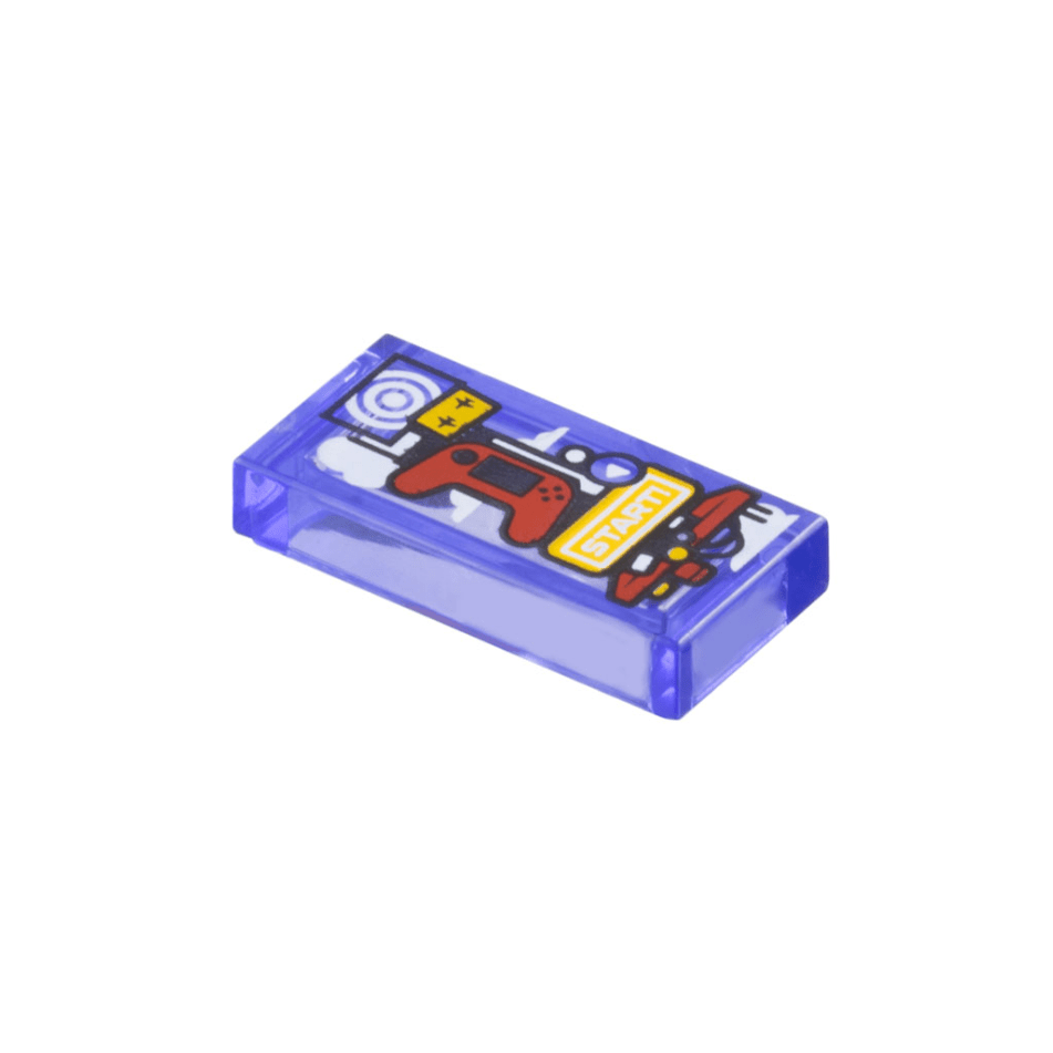 Trans-Purple Tile 1 x 2 with Game System Tower with Red Controller, White Target and 'START!' Pattern