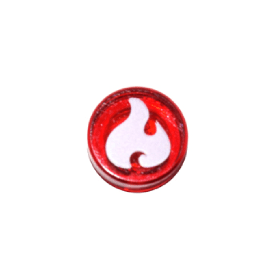 Trans-Red Tile, Round 1 x 1 with Elves Fire Power Symbol, White Flame Pattern