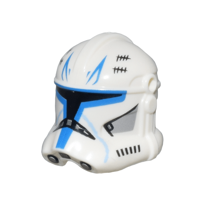 White Minifigure, Headgear Helmet SW Clone Trooper Phase 2 with Holes with Black Visor and Tally, and Captain Rex Blue Markings Pattern