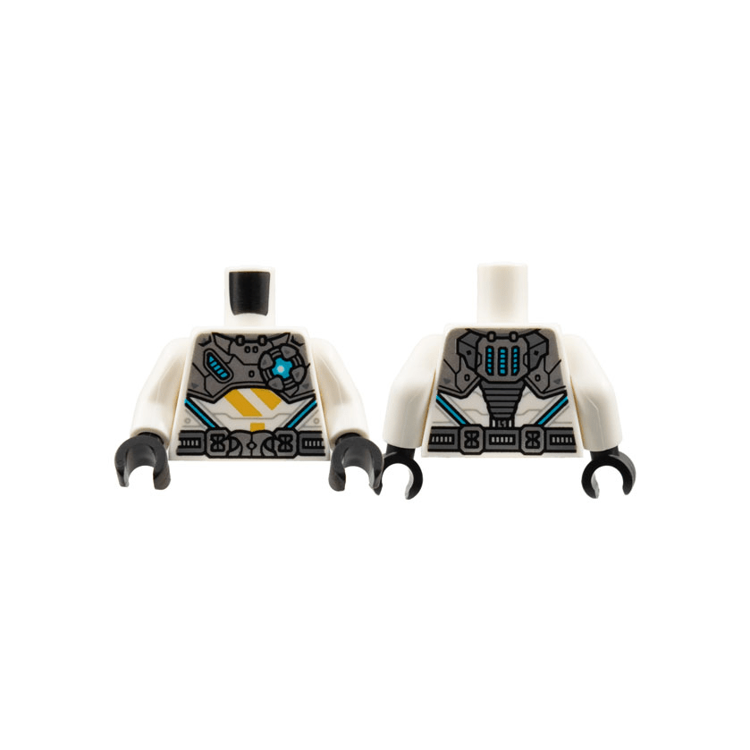 White Torso Silver Armor and Belt, Medium Azure Light, Bright Light Orange Ninjago Logogram Letter Z Pattern / White Arms / Black Hands