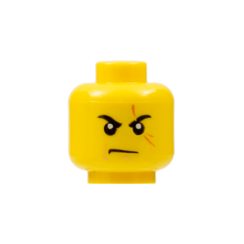 Yellow Minifigure, Head Black Eyebrows, Dark Orange Scar Across Left Eye, Nougat Cheek Line and Chin Dimple, Scowl Pattern