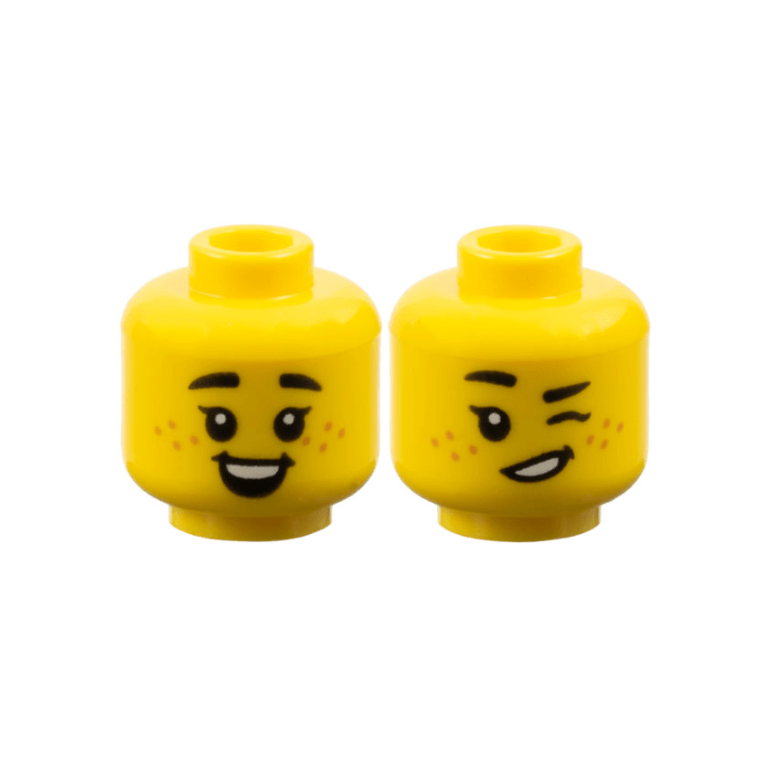 Yellow Minifigure, Head Dual Sided Child Female Black Small Thick Eyebrows, Single Eyelashes, Medium Nougat Freckles, Open Mouth Smile with Dimples and Top Teeth / Winking Pattern